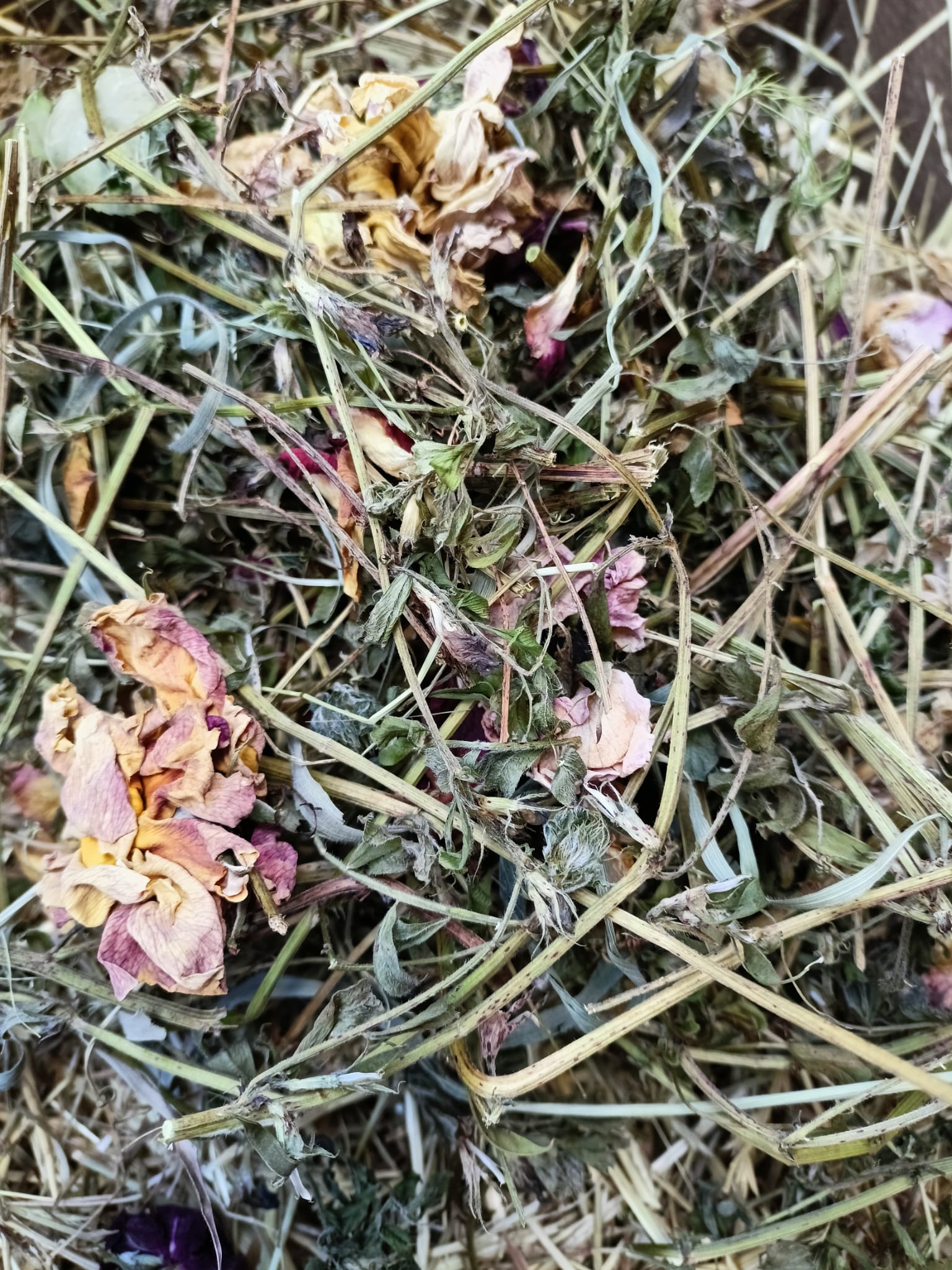 Feno Bio e Orgânico Raygrass, aromatizado com Ervilhaca e Rosas 600grs